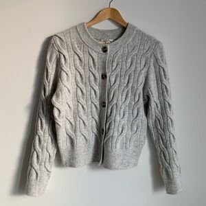 Grey Cable-Knit Wool Blend Button Cardigan Sweater